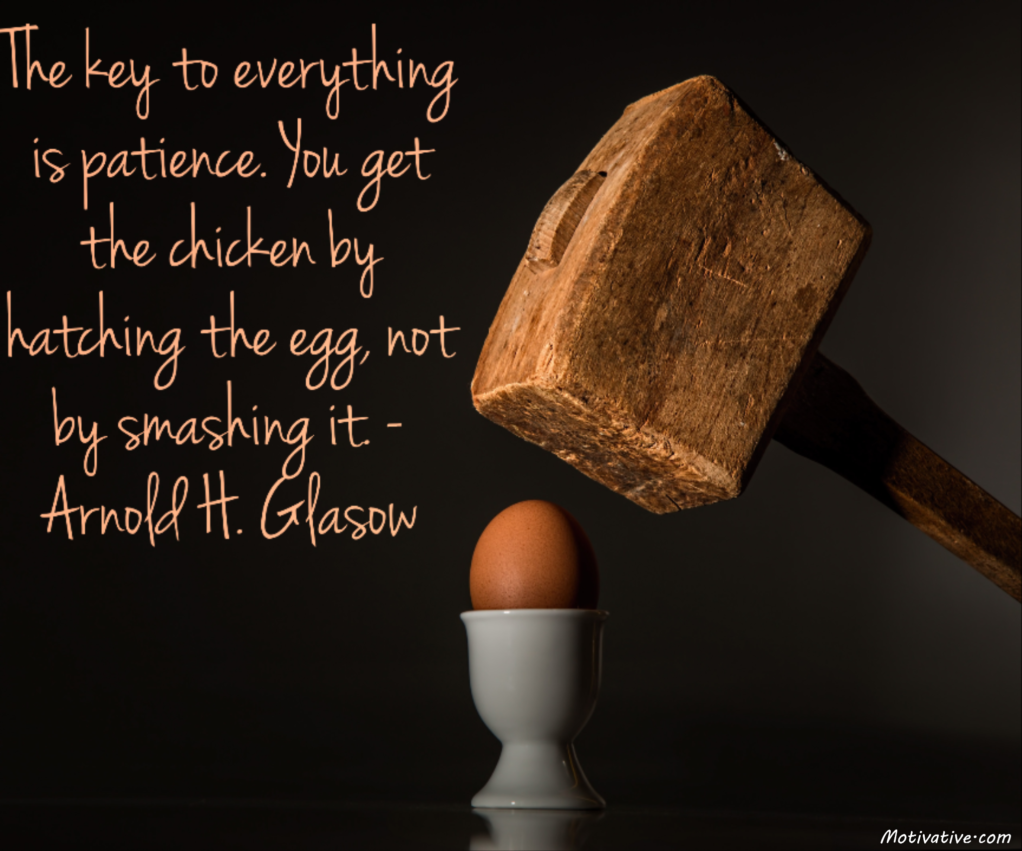 The key to everything is patience. You get the chicken by hatching the egg, not by smashing it. – Arnold H. Glasow